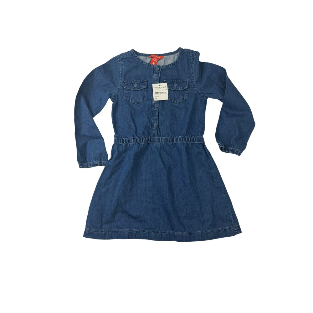 Joe Fresh Denim Dress Long Sleeve Button Front Pockets Medium Wash Girls  Size 4